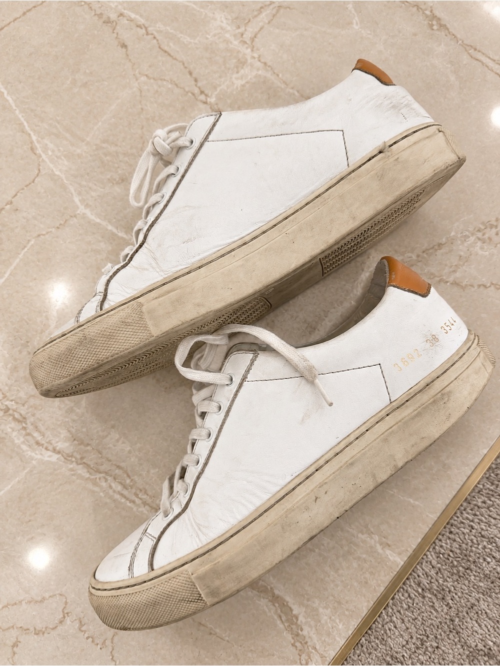 Common Projects White Leather Low-Top Sneakers with Tan Heel Tab